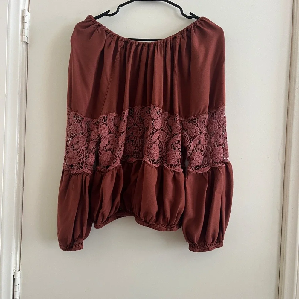 Free People Women Crochet Lace Top XS Rustic Balloon Sleeves Boho Cottage Tie